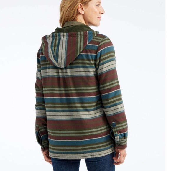 L.L. Bean shacket shirt women's XS chore‎ fleece-lined flannel hoodie stripe - Picture 1 of 12
